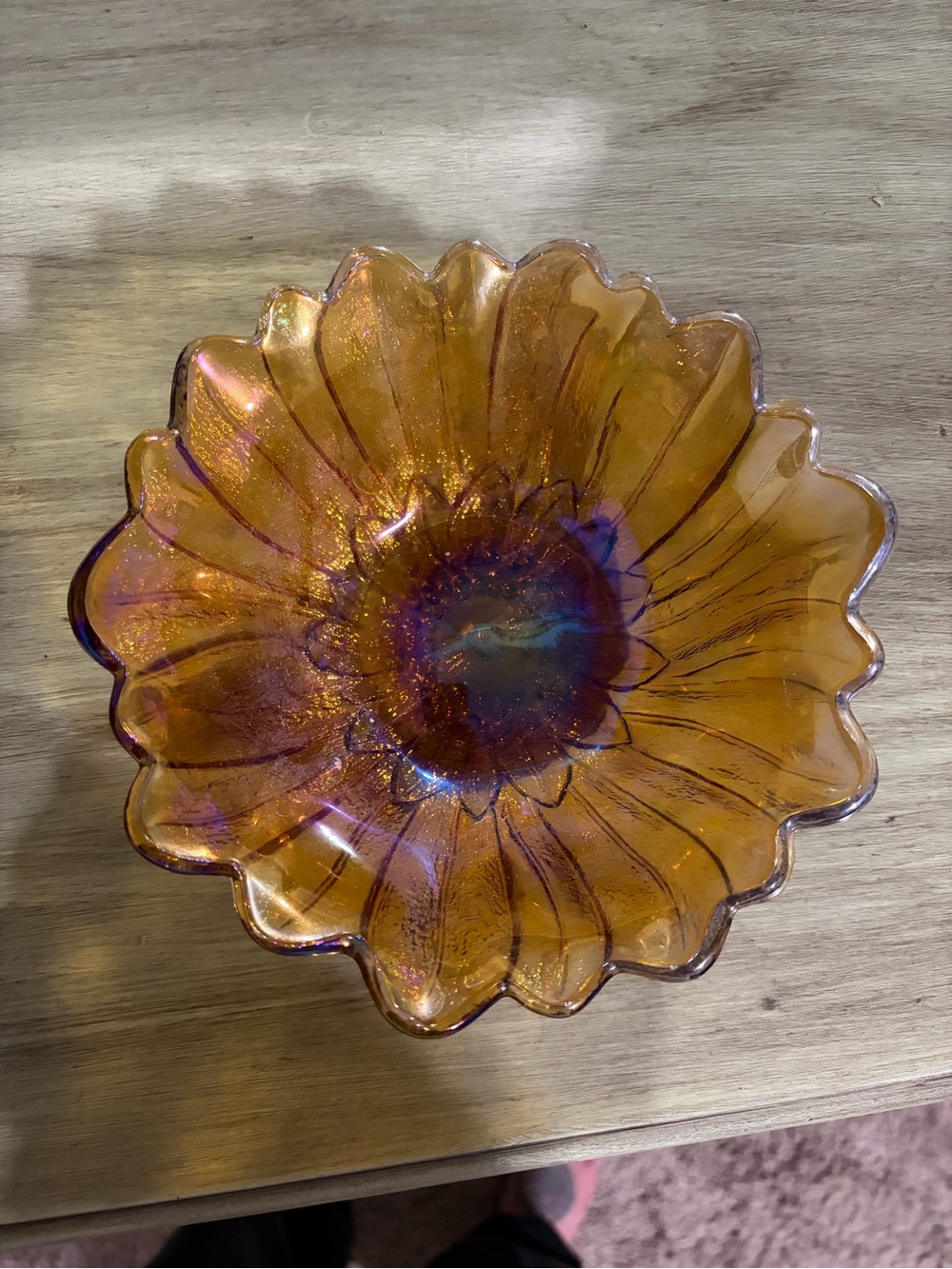 Vintage Iridescent Marigold Carnival Glass Flower Daisy Sunflower Candy Bowl 7"